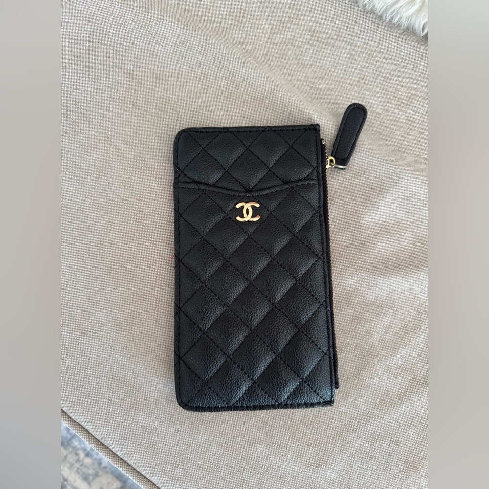 CHANEL Red Quilted Interior Zip Card Case with Gold Logo